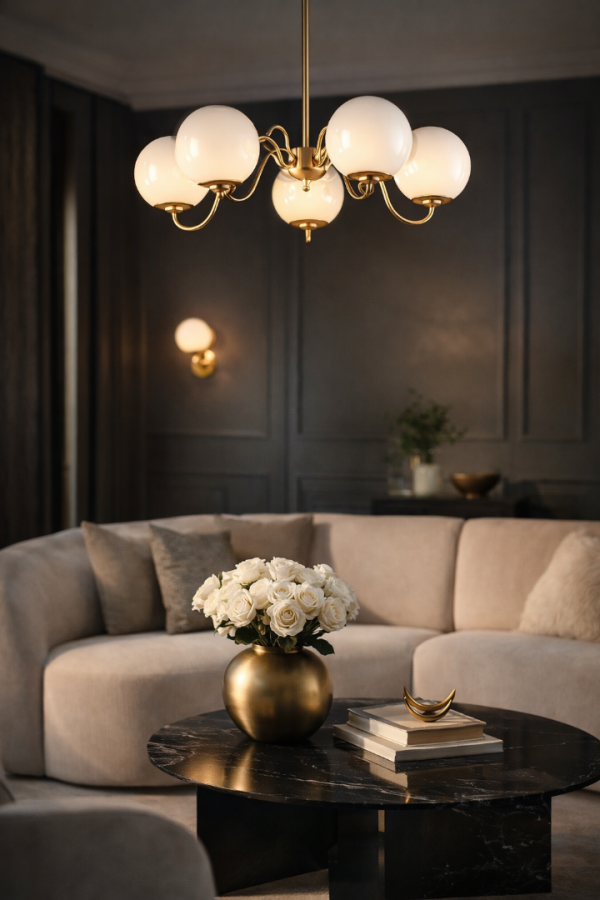 ATELIER NO.5 Metal Gövdeli 5’li Opal Cam Avize – Askı Borulu Ayarlanabilir Modern Salon Avizesi