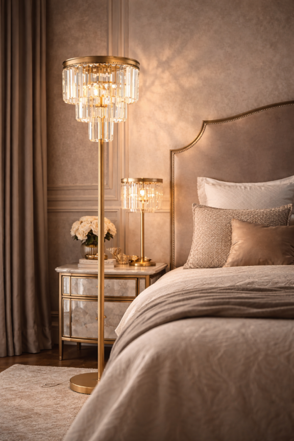 LMD-RU001 Eskitme Mat Gold Tek Ayaklı Kristal Taşlı Metal Lambader