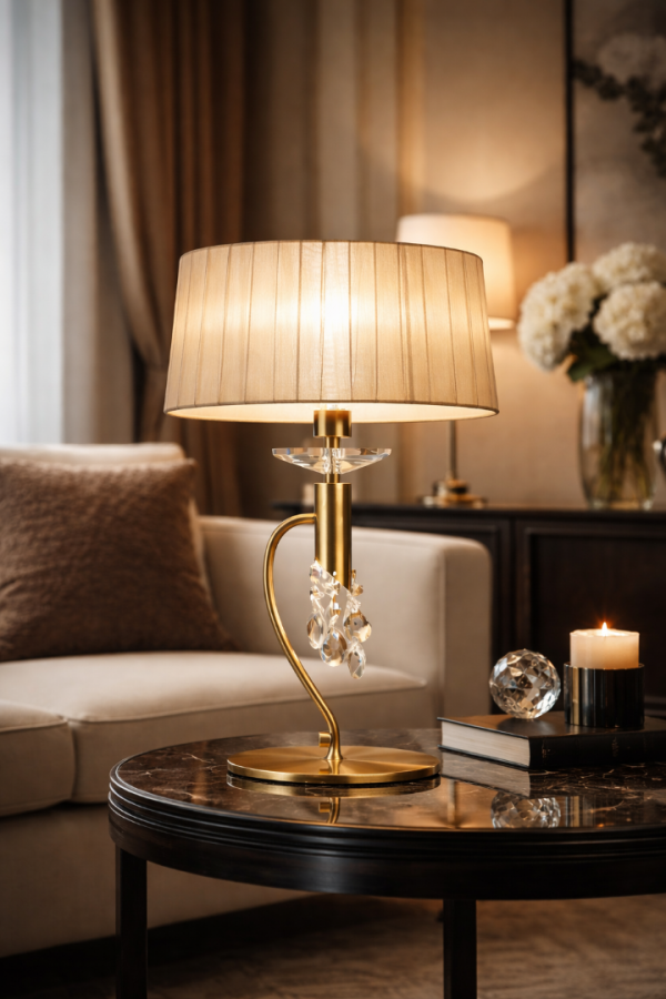 Art Deco Gold Kristal Masa Lambası – Eskitme Mat Gold Gövdeli Modern Salon Abajuru ECLAT