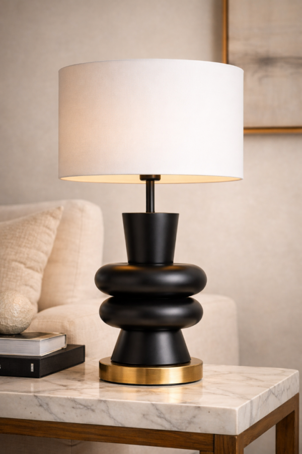 Vinner Sculpta Modern Siyah Ahşap Abajur Pirinç Tabanlı Premium Masa Lambası