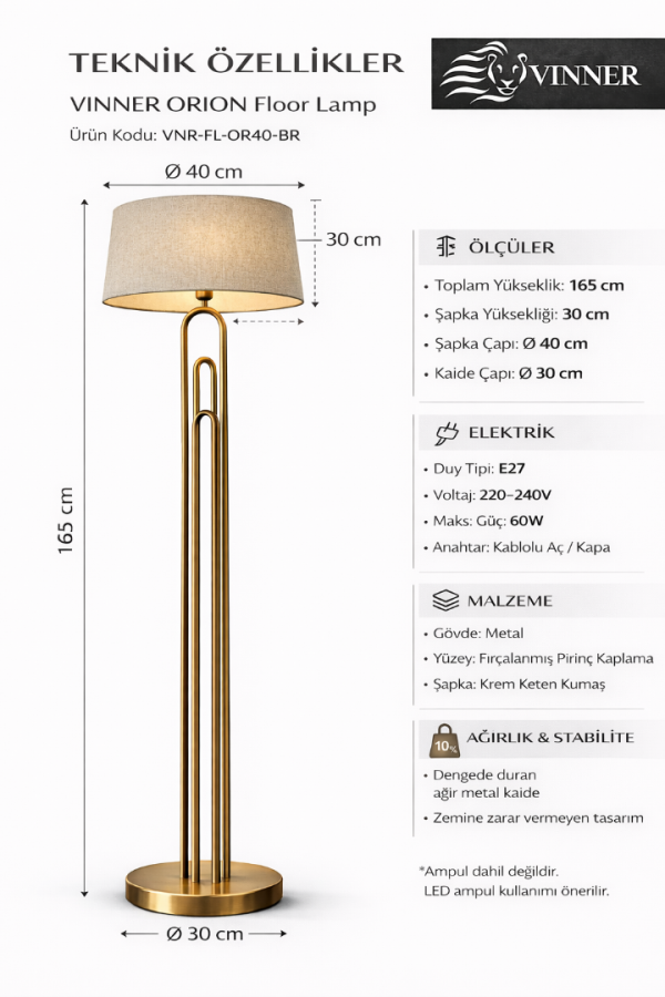 VINNER Orion Pirinç Renk Lambader | Modern Metal Gövde, Keten Şapka, Ø40 cm