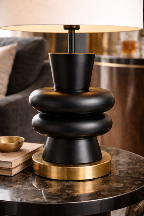 Vinner Sculpta Modern Siyah Ahşap Abajur Pirinç Tabanlı Premium Masa Lambası