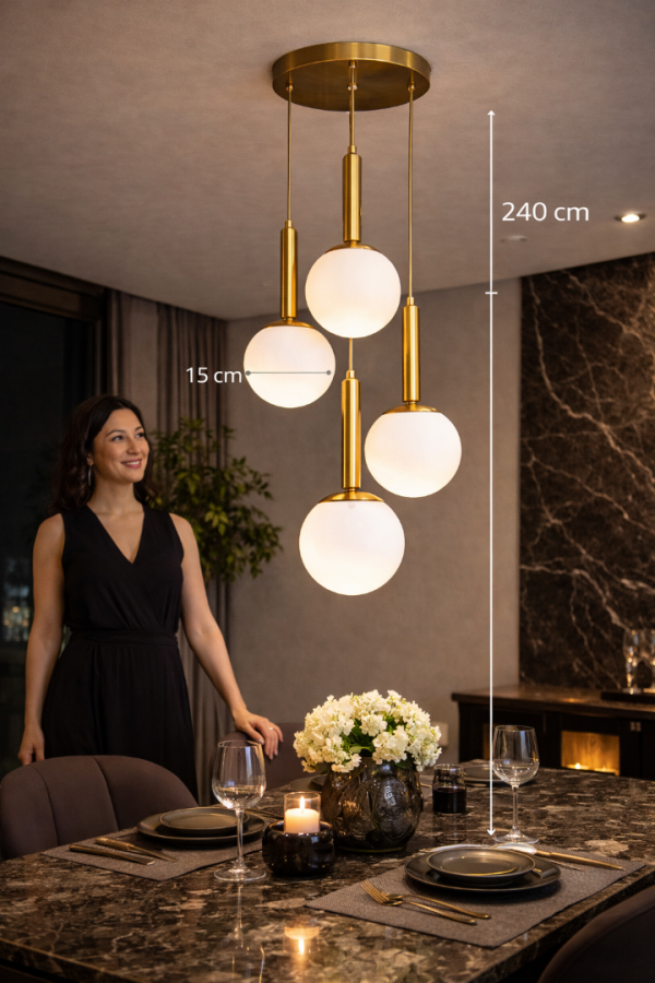 Vinner Orbita 4 Gold Cam Sarkıt Avize – 4’lü Opal Küre, Modern Yemek Masası Aydınlatma