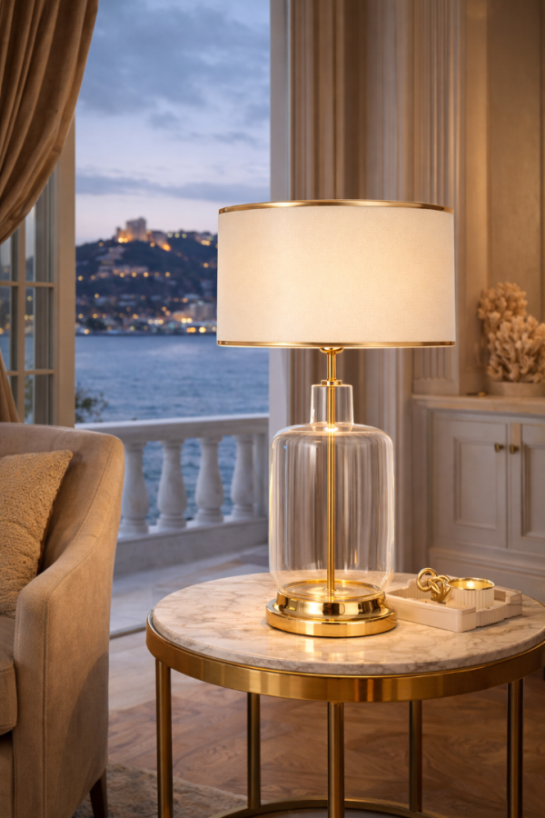 Rouen Gold Ayaklı Modern Özel Tasarım Cam Abajur - Gold Şeritli Krem