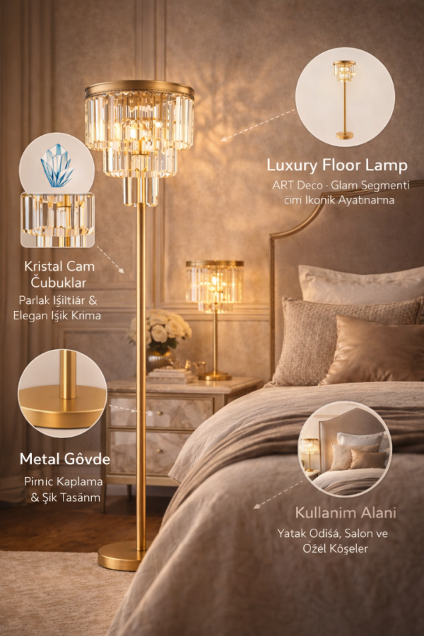 LMD-RU001 Eskitme Mat Gold Tek Ayaklı Kristal Taşlı Metal Lambader LMD-RU001 Eskitme Mat Gold Tek Ayaklı Kristal Taşlı Metal Lambader