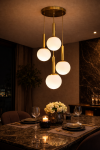 Vinner Orbita 4 Gold Cam Sarkıt Avize – 4’lü Opal Küre, Modern Yemek Masası Aydınlatma
