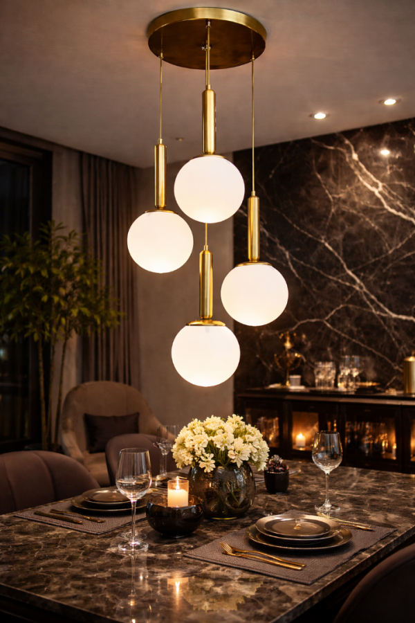 Vinner Orbita 4 Gold Cam Sarkıt Avize – 4’lü Opal Küre, Modern Yemek Masası Aydınlatma
