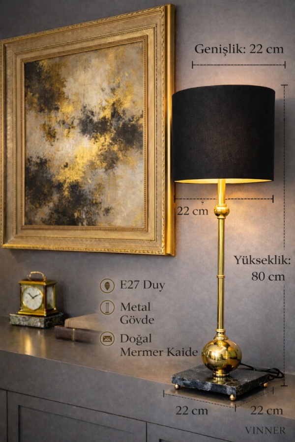 Elysia Siyah-Gold Metal Mermer Kaideli Abajur
