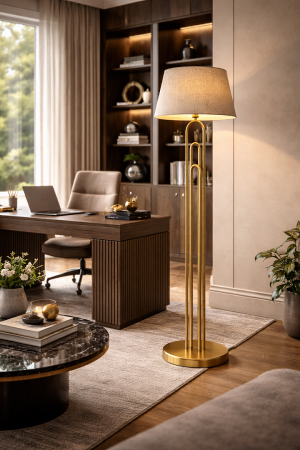 VINNER Orion Pirinç Renk Lambader | Modern Metal Gövde, Keten Şapka, Ø40 cm VINNER Orion Pirinç Renk Lambader | Modern Metal Gövde, Keten Şapka, Ø40 cm