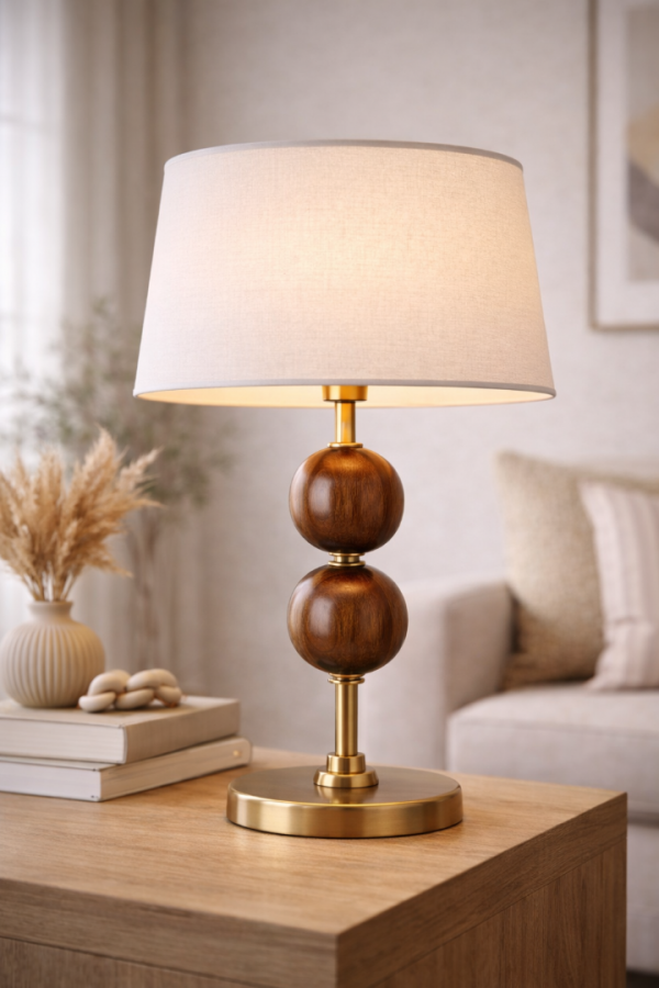 Vinner Nurio Ceviz Küre Detaylı Pirinç Renk Gövdeli Hasır Şapkalı Premium Masa Abajuru