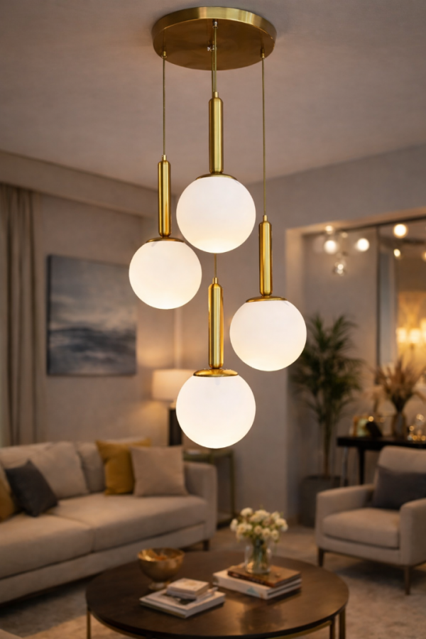 Vinner Orbita 4 Gold Cam Sarkıt Avize – 4’lü Opal Küre, Modern Yemek Masası Aydınlatma