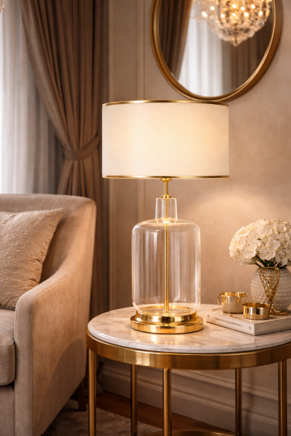 Rouen Gold Ayaklı Modern Özel Tasarım Cam Abajur - Gold Şeritli Krem