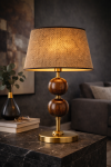 Vinner Nurio Ceviz Küre Detaylı Pirinç Renk Gövdeli Hasır Şapkalı Premium Masa Abajuru