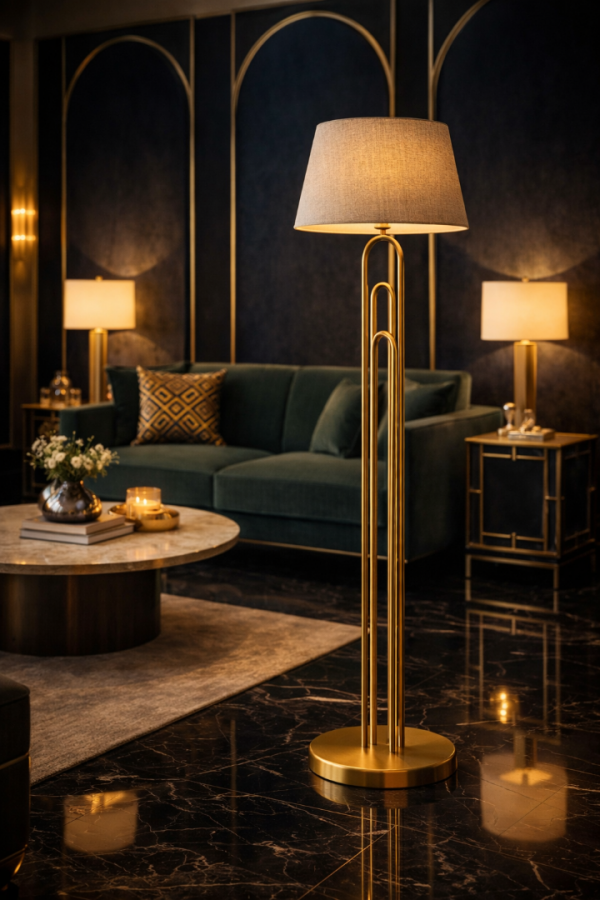 VINNER Orion Pirinç Renk Lambader | Modern Metal Gövde, Keten Şapka, Ø40 cm