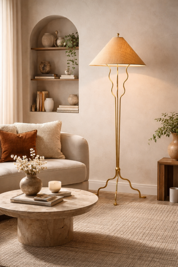 Aurelia Wave Mat Gold Metal Gövdeli Hasır Şapkalı Lüks Lambader – Salon, Villa ve Otel Konsept Aydınlatma