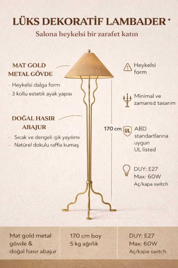 Aurelia Wave Mat Gold Metal Gövdeli Hasır Şapkalı Lüks Lambader – Salon, Villa ve Otel Konsept Aydınlatma