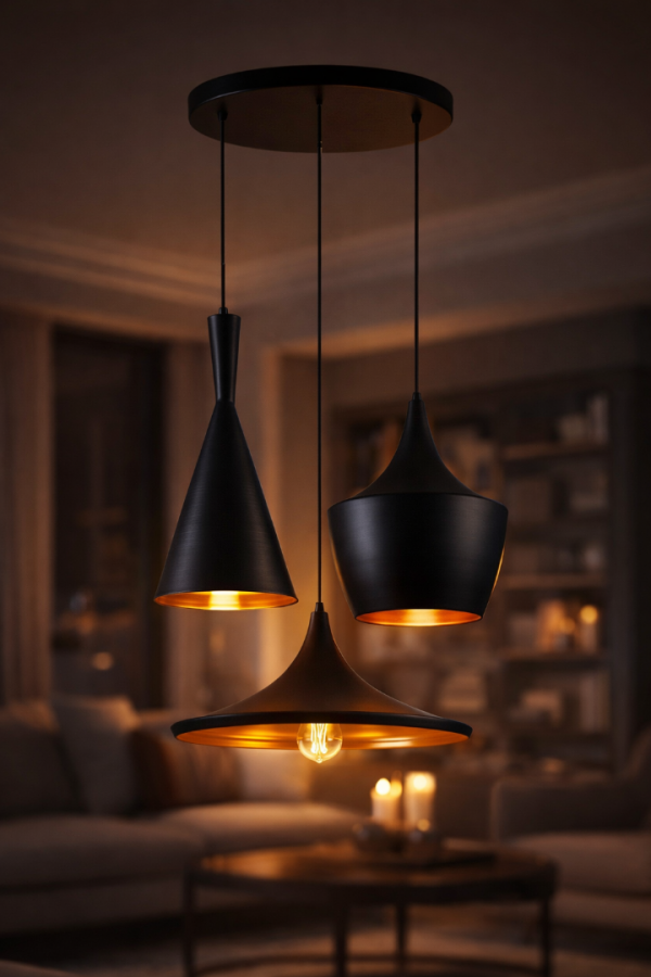 Calgary Modern Siyah 3’lü Sarkıt Avize – Yüksek Tavan Salonlar İçin Tasarım Aydınlatma