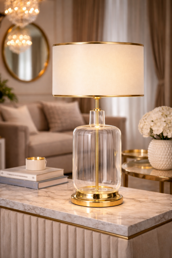 Rouen Gold Ayaklı Modern Özel Tasarım Cam Abajur - Gold Şeritli Krem