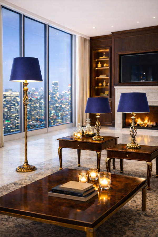 Eskitme Kaplama Helezon Tek Ayak Metal Lambader Ve Iki Adet Abajur Seti Lacivert Başlık