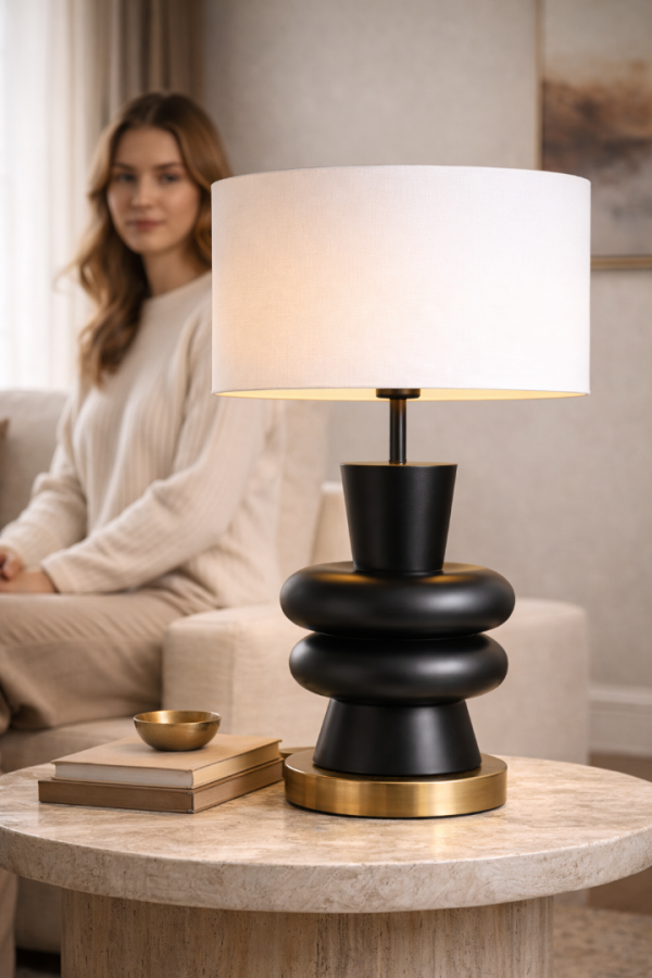 Vinner Sculpta Modern Siyah Ahşap Abajur Pirinç Tabanlı Premium Masa Lambası