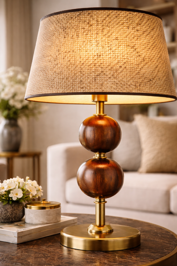 Vinner Nurio Ceviz Küre Detaylı Pirinç Renk Gövdeli Hasır Şapkalı Premium Masa Abajuru