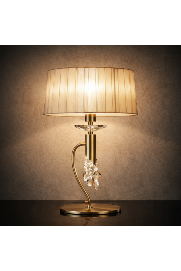 Art Deco Gold Kristal Masa Lambası – Eskitme Mat Gold Gövdeli Modern Salon Abajuru ECLAT