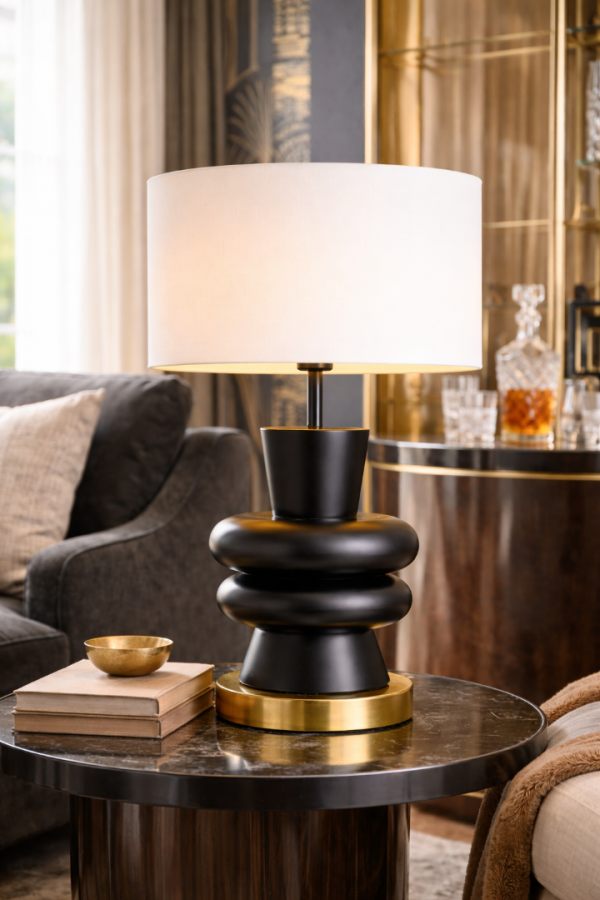 Vinner Sculpta Modern Siyah Ahşap Abajur Pirinç Tabanlı Premium Masa Lambası