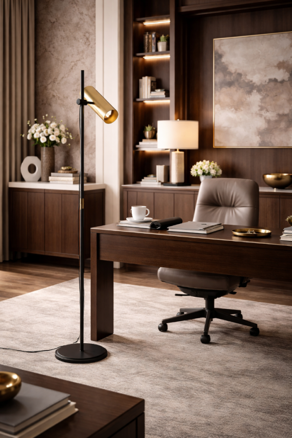 Axis Pro Model Ayarlanabilir Başlıklı Metal Lambader – Siyah Gövde & Gold Spot Başlık | Ofis ve Modern Yaşam Alanları