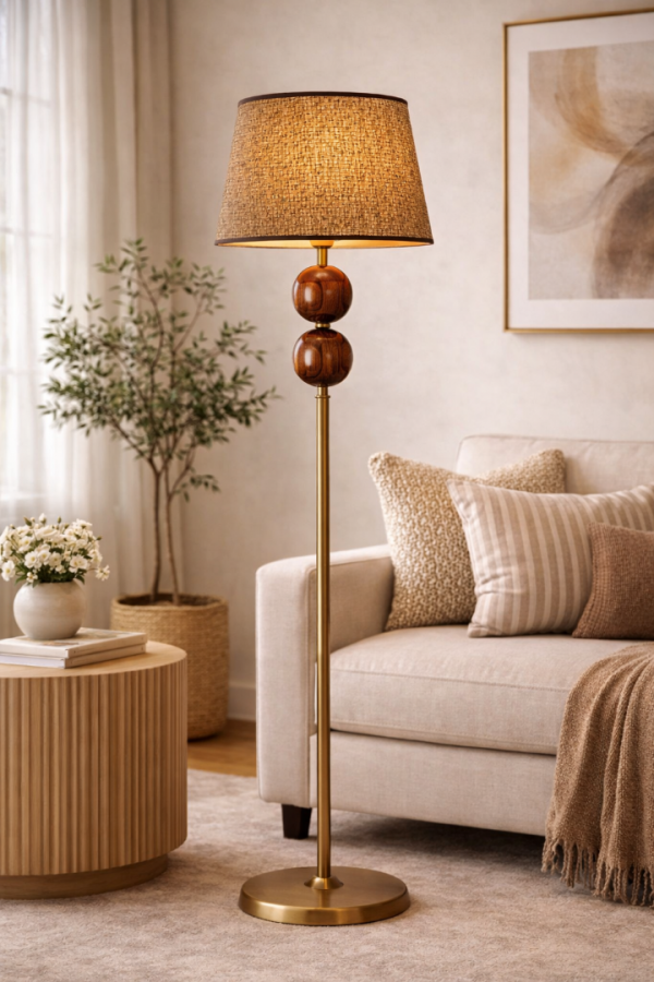 Vinner Nurio Ceviz Küre Detaylı Pirinç Renk Gövdeli Hasır Şapkalı Premium Lambader