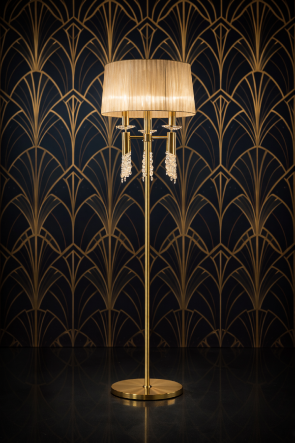 NOIRE Mat Gold Kristalli Art Deco Lambader | Salon Aydınlatması