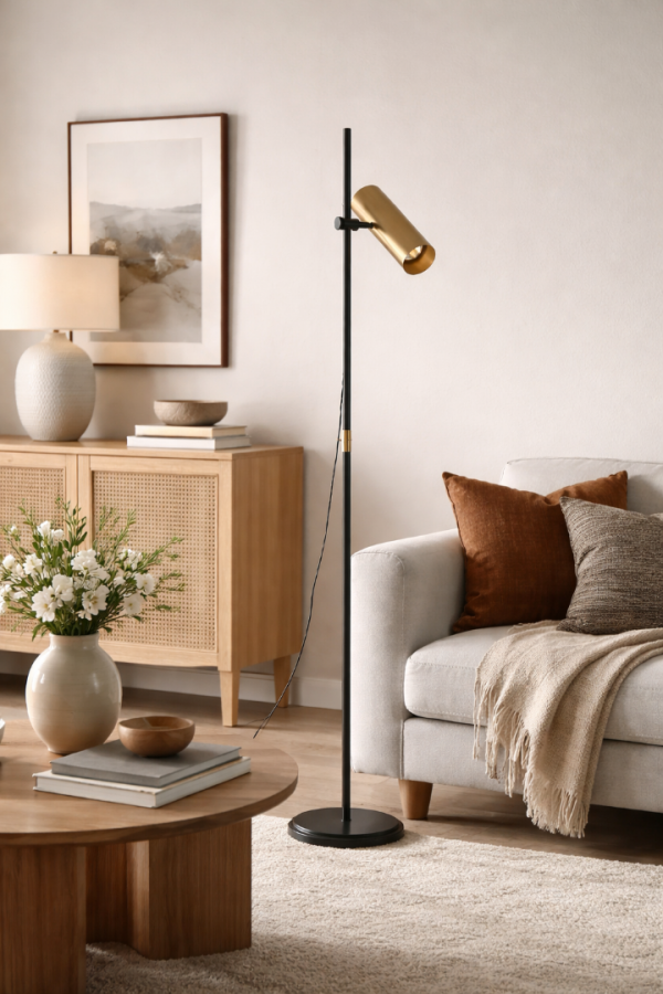 Axis Pro Model Ayarlanabilir Başlıklı Metal Lambader – Siyah Gövde & Gold Spot Başlık | Ofis ve Modern Yaşam Alanları