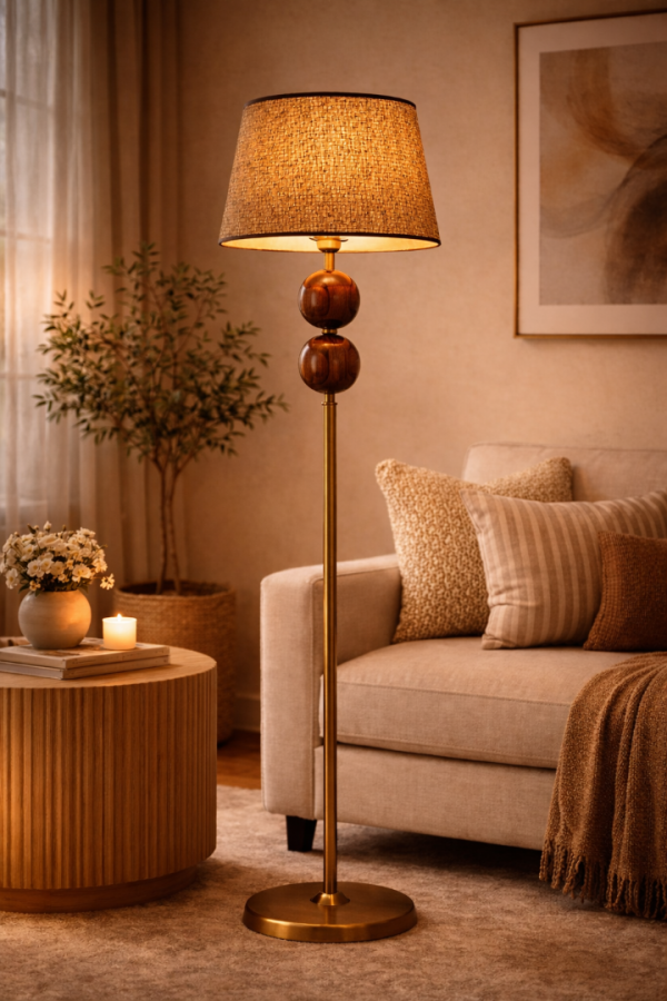 Vinner Nurio Ceviz Küre Detaylı Pirinç Renk Gövdeli Hasır Şapkalı Premium Lambader