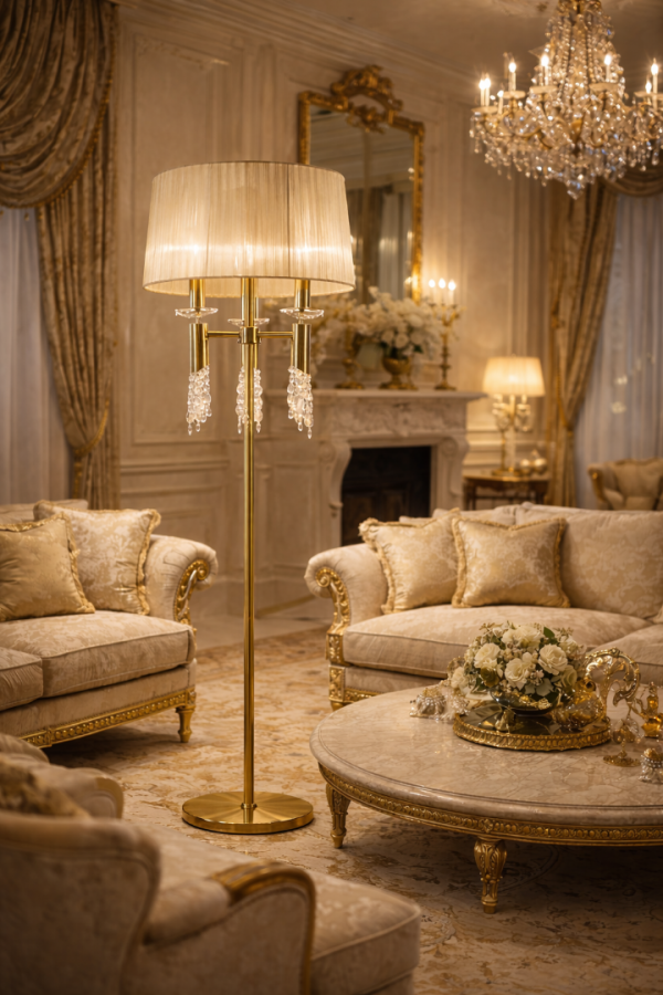 NOIRE Mat Gold Kristalli Art Deco Lambader | Salon Aydınlatması