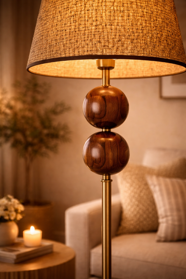 Vinner Nurio Ceviz Küre Detaylı Pirinç Renk Gövdeli Hasır Şapkalı Premium Lambader