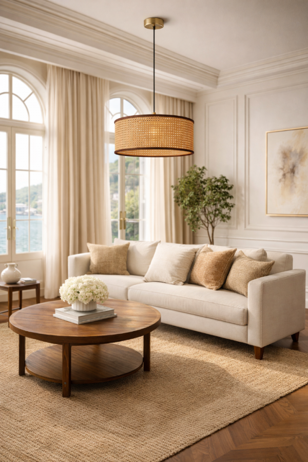 Aueren Rattan Tekli Sarkıt Avize – Doğal Hasır Şapkalı, Kablolu Modern Aydınlatma