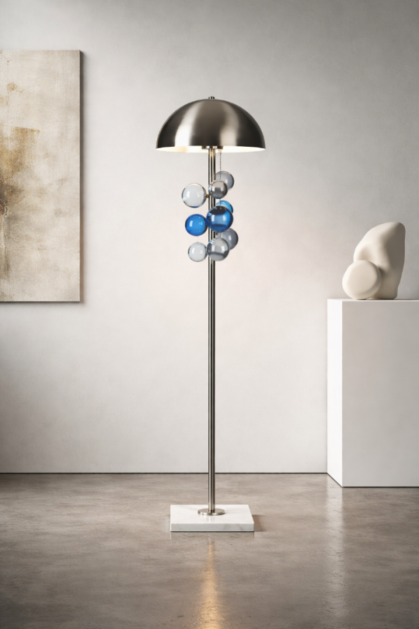 Aurelia Siyah Şapkalı Mat Nikel Gövdeli Mavi Cam Küre Detaylı Modern Tasarım Lambader