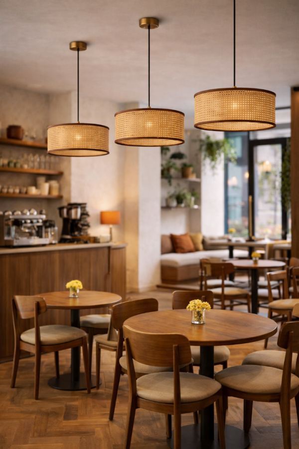 Aueren Rattan Tekli Sarkıt Avize – Doğal Hasır Şapkalı, Kablolu Modern Aydınlatma