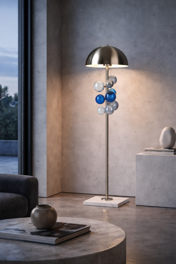 Aurelia Siyah Şapkalı Mat Nikel Gövdeli Mavi Cam Küre Detaylı Modern Tasarım Lambader