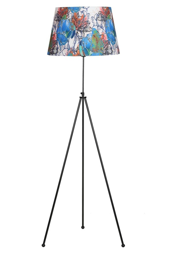 Noa Siyah Kaplama Tripod Boyu Ayarlanabilir Metal Lambader - Flowers Desenli