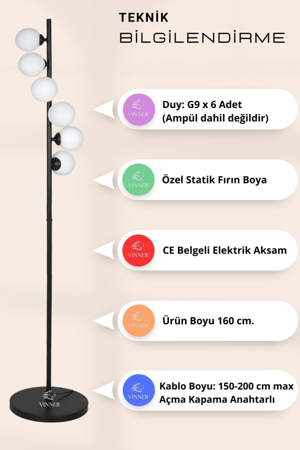 Roche G9x6'lı Glop Camlı Siyah Metal Köşe Lambader Roche G9x6'lı Glop Camlı Siyah Metal Köşe Lambader
