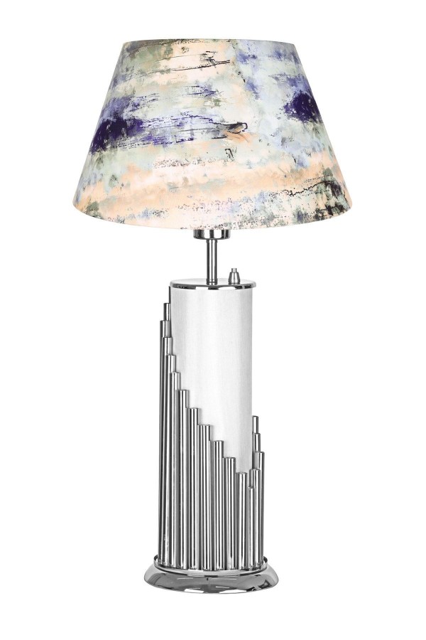 Doha Krom Kaplama Gövde Işıklı Özel Tasarım Metal Abajur - Blue Mixed Desenli Doha Krom Kaplama Gövde Işıklı Özel Tasarım Metal Abajur - Blue Mixed Desenli