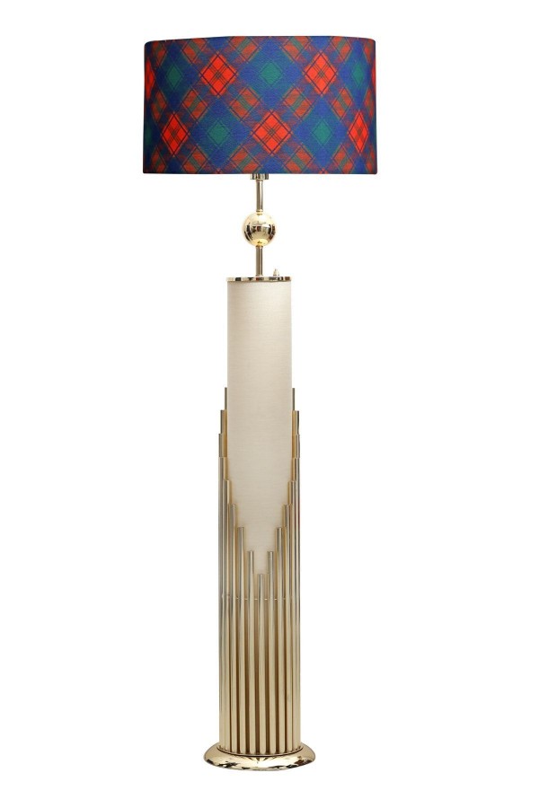 Doha Gold Kaplama Gövde Işıklı Özel Tasarım Metal Lambader - Diagonal Desenli