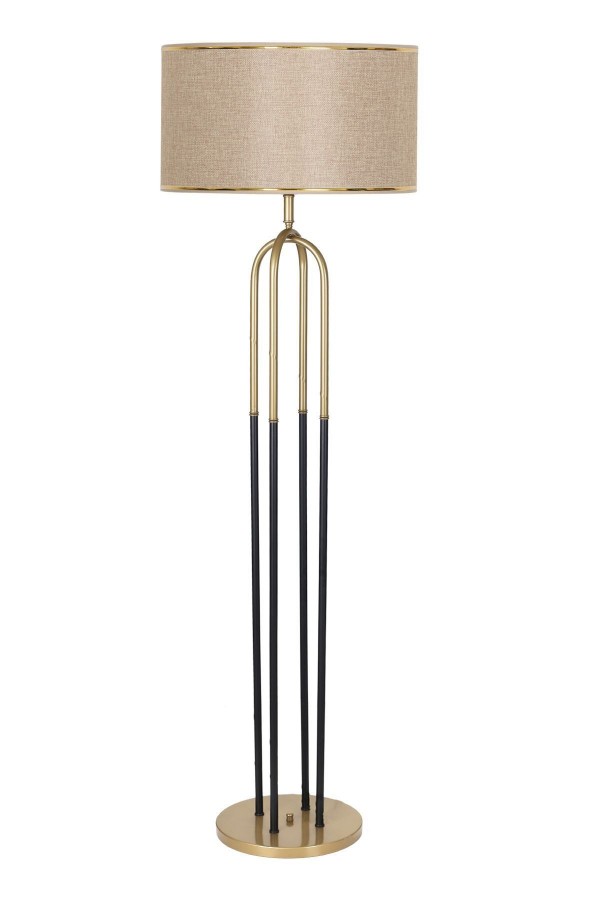 Houston Eskitme  Mat Gold Detaylı Metal Lambader - Gold Hasır Kahve