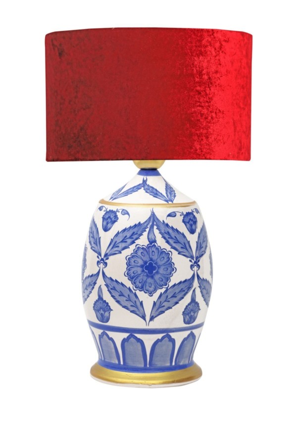Handmade Ceramic Botanical Özel Tasarım Abajur Kırmızı Kadife