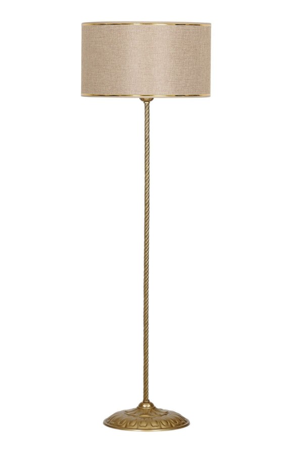 Conic Eskitme Tek Ayaklı Metal Burgulu Lambader Gold Şeritli Hasır Açık Kahve