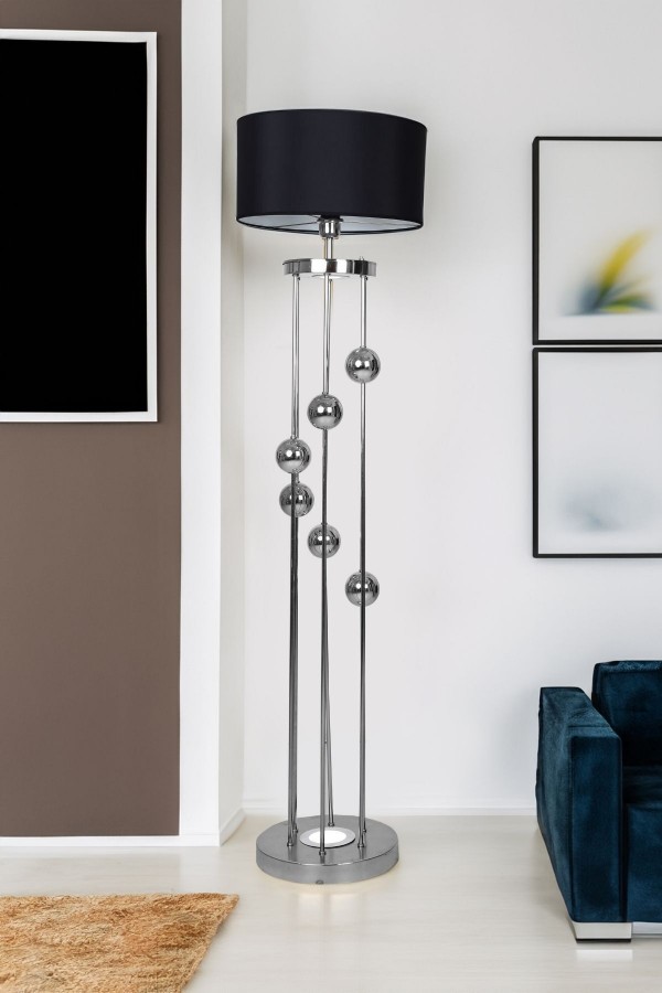 Clichy Krom Kaplama Spot Işıklı Metal Lambader - Siyah