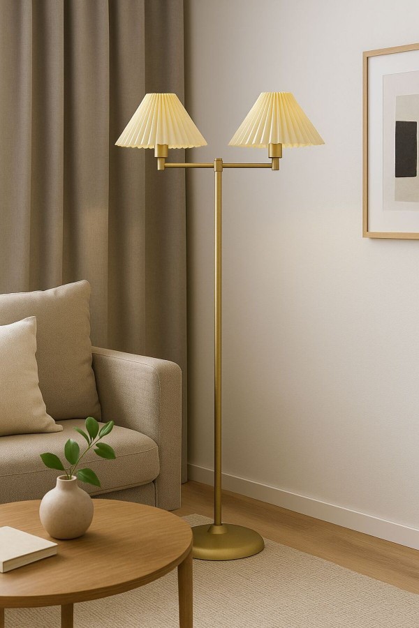 Nuvio Eskitme Gold Lambader - İkili Başlıklı Ayaklı Modern Salon Lambası – Krem Şapkalı