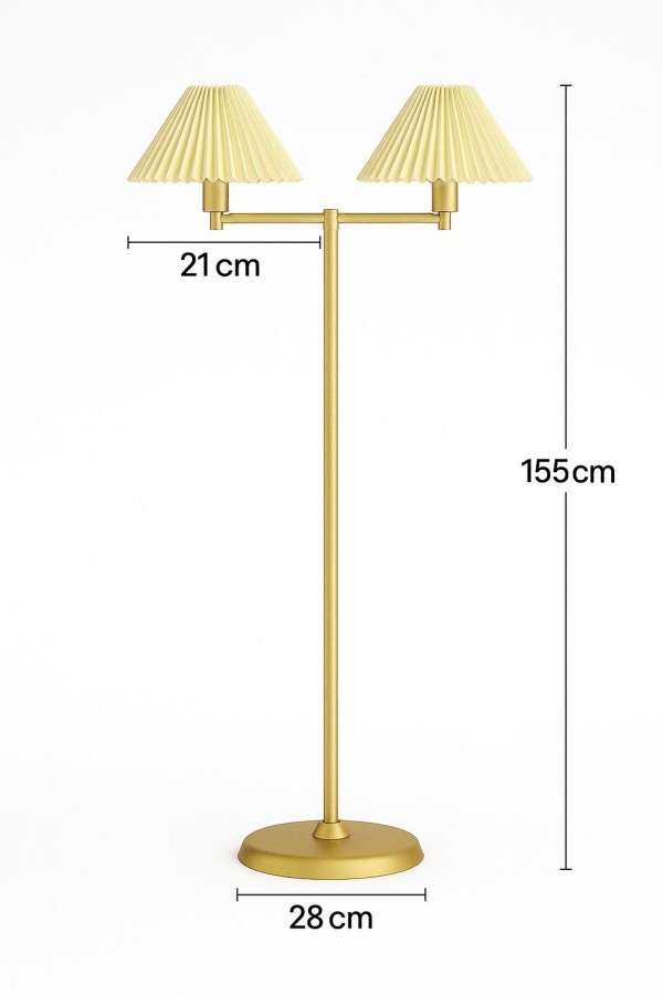 Nuvio Eskitme Gold Lambader - İkili Başlıklı Ayaklı Modern Salon Lambası – Krem Şapkalı