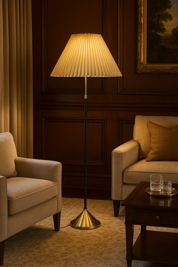 Luxora Modern Finlin Şapkalı Metal Lambader - Krem Plise / Eskitme Mat Gold Taban Luxora Modern Finlin Şapkalı Metal Lambader - Krem Plise / Eskitme Mat Gold Taban