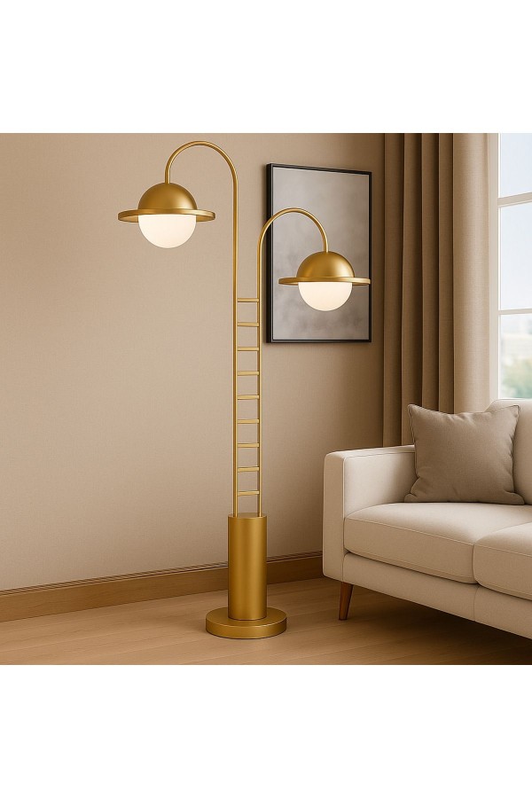 DuoGlow Modern Lüks Çift Başlıklı Altın Metal Gövdeli Tasarım Lambader Aydınlatma DuoGlow Modern Lüks Çift Başlıklı Altın Metal Gövdeli Tasarım Lambader Aydınlatma